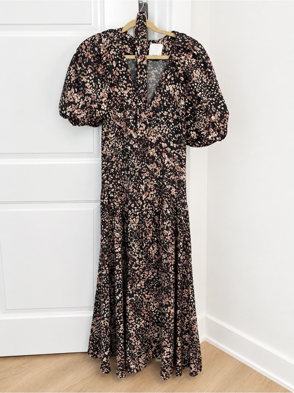 Acler Black Maxi Dress with Tan/Dusty Pink Floral Print